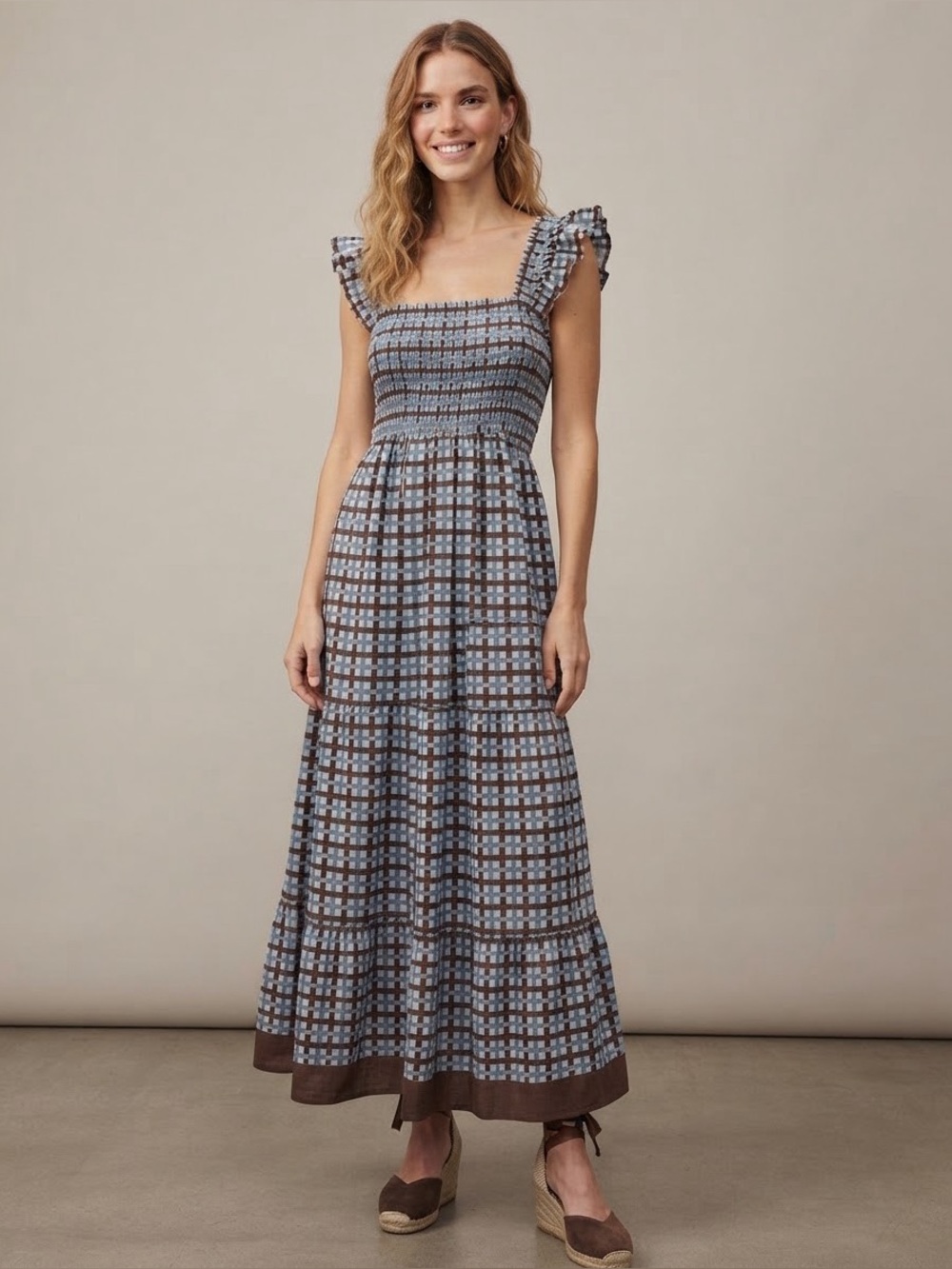 C____M New York Smocked Ruffle Strap Maxi Dress in Blue and Brown